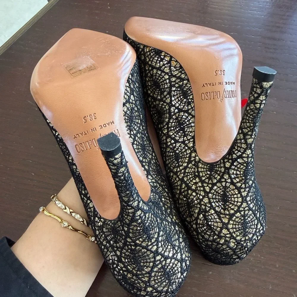Chic Black and Gold Lace Heels